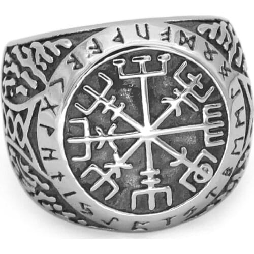 Nordic Viking mjolnir valknut vegvisir rune Amulet Ring Stainless Steel with Valknut Rune Gift Bag