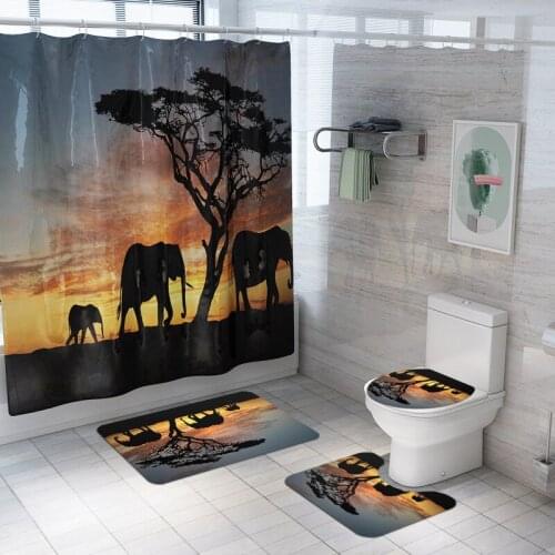 Nightfall Elephant Loving Family Shower Curtain Bathroom Set Non-slip Bath Mats Waterproof Rug Toilet Seat Cover Home Decor