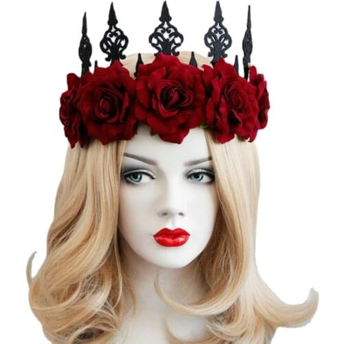 Red Rose Flower Hair Jewelry Crown Tiara For Women Gothic Female Wedding Hair Accessories Ornaments Princess Queen Head Jewelry
