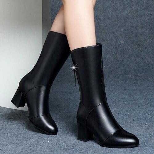 Boots Plus Velvet Mid-tube Boots Women Thick Heel 2021 Autumn and Winter Womens Shoes 7 High Heel Boots Women Black