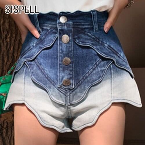 SISPELL Patchwork Wave Edge For Female Denim Shorts High Waist Loose Lage Size Womens Sexy Shorts Fashion Streetwear New 2020