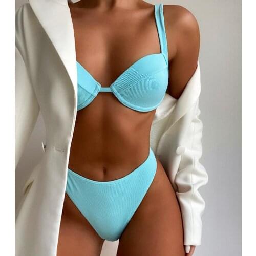 Womens Swimwear 2021 Bikini Set High Waist Swimsuit Female Ribbed Swimwear Blue Red Bathing Suits Push Up Two-pieces Bikinis