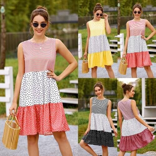 Womens Summer Dress Polka Dot Check Patchwork Sundress Sleeveless Dresses For Women Vestidos Femme Robes Womens Clothing 2021