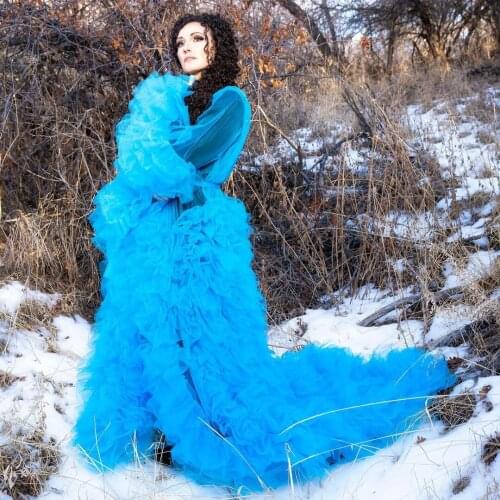 2021 Special Blue Puffy Ruffles Tulle Women Gowns Tiered Full Sleeves Long Tutu Women Dresses See Through Formal Party Dress