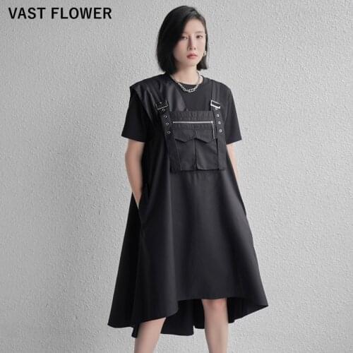 Irregular Pocket Black Vintage Straps Dress Women New Sleeveless Casual Loose Fit Elegant Midi Dress Fashion Clothes Summer 2021