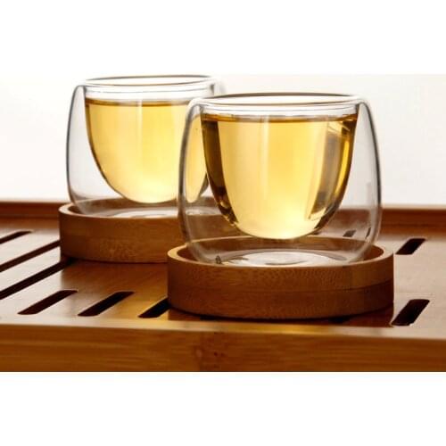 6 Pcs Double Wall Glass Shot Teacups Bamboo Holder Anti Hot Tasse Cafe Small Espresso Coffee Oolong Pu'er Tea Cups Tazas Copo