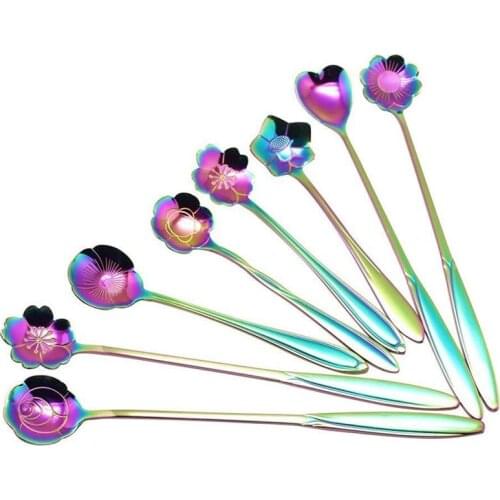 8Pcs Flower Spoon Set, 2 Different Size Colorful Stainless Steel Teaspoons Rainbow Coffee Stirring Spoon