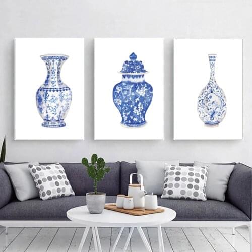 Watercolor Chinoiserie Vases Prints Ming Porcelain Blue and White China Canvas Poster Print Eastern Wall Art Pictutre Home Decor