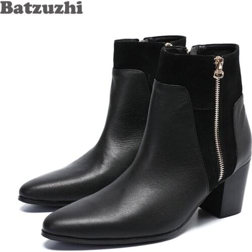 Batzuzhi 7.5cm High Heels Boots Men Genuine Leather Dress Boots Ankle Zip Pointed Toe Botas Hombre Party Gentlemen, Big US6-12