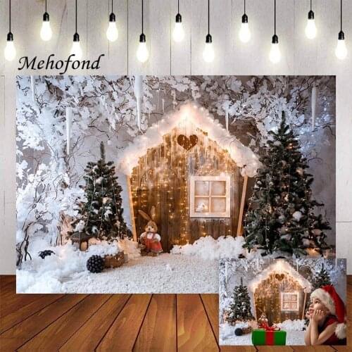 Mehofond Photography Background Winter Snow Glitter Light Wooden House Christmas Kid Family Portrait Backdrop Photo Studio Props