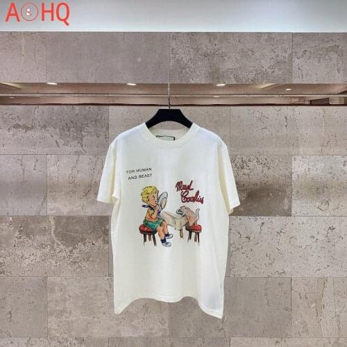 2021 Summer Brand New Fashion Cotton Loose O-Neck Short Sleeve Cookies Cat Boy Eat Printing T-Shirt For Women‘s’ Tops 30545