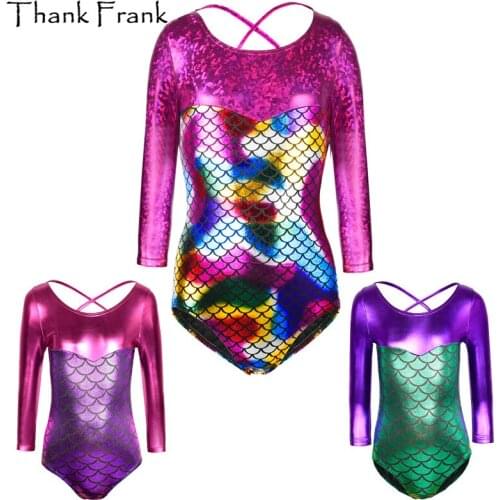 Girls Metallic Gymnastics Leotard Kids Shiny Long Sleeve Ballet Leotards Tolddler Children Adorable Mermaid Costumes TF1012