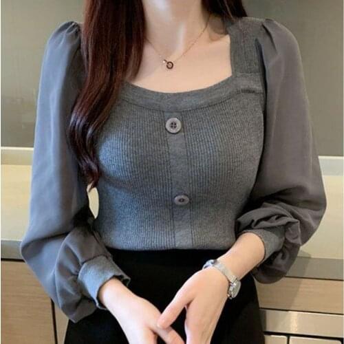 LJSXLS Pull Femme 2021 Spring Fashion Square Neck Solid Tops Patchwork Long Sleeve Sweater Women Knitted Pullovers Woman Clothes
