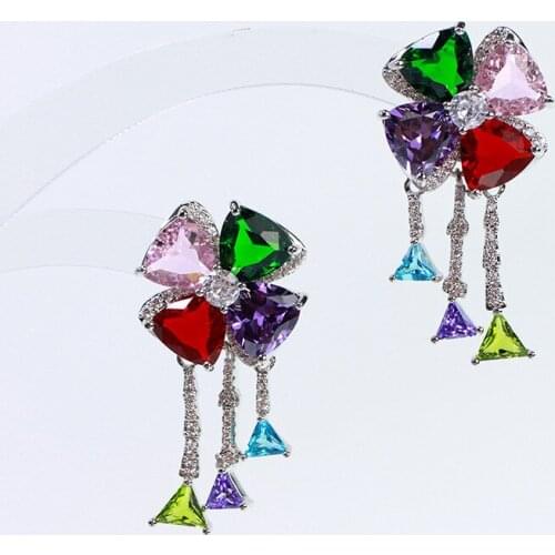 Micro inlaid gold-plated colorful triangle diamond flower stud earrings fashion style ladies earrings