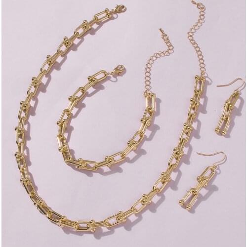 MINAR Minimalist Chic Linked Chain Pendant Necklace Bracelet Earring Jewelry Set for Women Gold Color Alloy Choker Necklaces Set