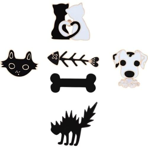 Fashion Couple Cat Dog Animal Cartoon Brooch Cute Cat Head Fish Bone Metal Enamel Pins Brooches Jewelry Backpack Hat Badge Gift