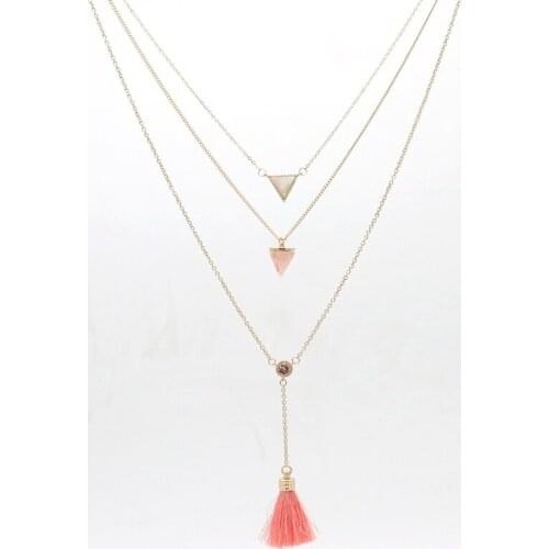 SyLayered Geometric Stone Pendant necklace Fashion Long Pink Tassel Pendant