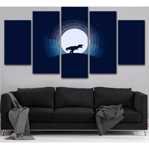 Printing Picture Decor Room Wall Art 5 Pieces Tyrannosaurus Animal And Moon Night Scene Canvas Paintings Modular Frame Poster