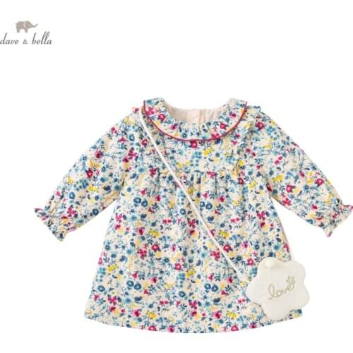 DBJ18805 dave bella autumn baby girls fashion floral print dress with a small bag party dress kids infant lolita 2pcs clothes
