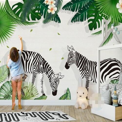 Custom 3D Photo Wallpaper For Kids Room Creative Hand Painted Zebra Green Tree Leaf Children Bedroom Decor Wall Sticker Mural