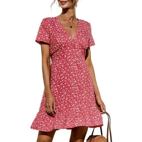 Sexy V Neck Floral Print Mini Woman Dress 2021 Summer Short Sleeve Beach Dresses For Women Ruffles Boho Sundress vestidos D30