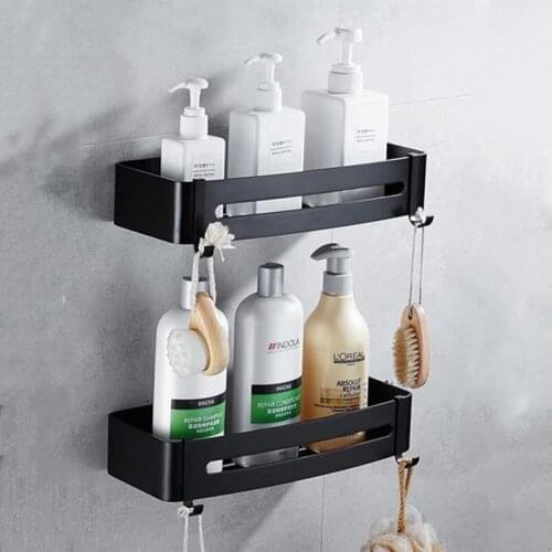 Bathroom Shelf Black Aluminum Kitchen Storage Rack Organizer Shower Shampoo Square Wall Shelves Bathroom Accessories With Hooks