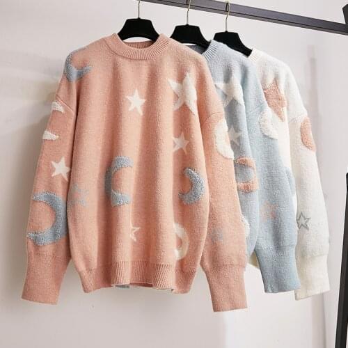 Women Pull and Sweaters 2020 New Stars Moon Casual Jumper for Women Sweet Knitwear Pink Sweater and Pullovers