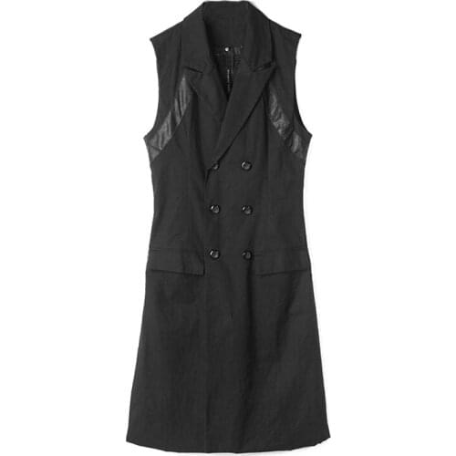 XS-6XL 2020 New mens clothing Hair Stylist GD Fashion spell leather Double-breasted long Vest plus size stage costumes