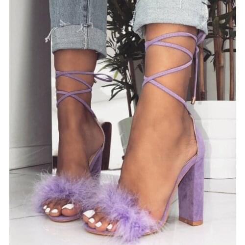 Ladies Violet Purple Suede Bird Fur Bandge Sandals Summer Ladies Chunky Heels Lace up Woman Party Shoes