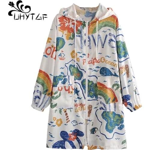 UHYTGF Women Colorful Printed Thin Hooded Trench Coat Female Korean Loose Summer Sun Protection Clothing Long Coat Outerwear1166