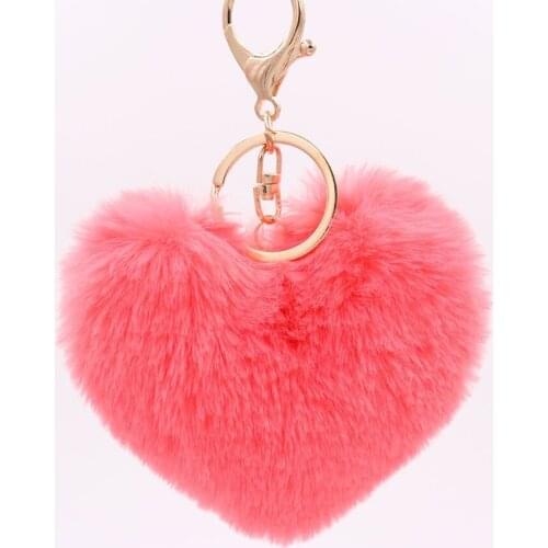Fluffy pompom Keychain Gifts for Women Soft Heart Shape Pompon Fake Rabbit Key Chain Ball Car Bag Accessories Key Ring