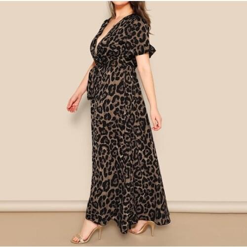 Fashion Women Sexy Summer Dress 2021 Plus Size Leopard Print V-Neck Loose Belt Streetwear Short Sleeve Bandage Maxi Dresses