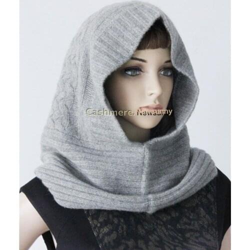 100%goat cashmere twisted knit hooded-scarf hats women fashion beanies bonnets neutral color