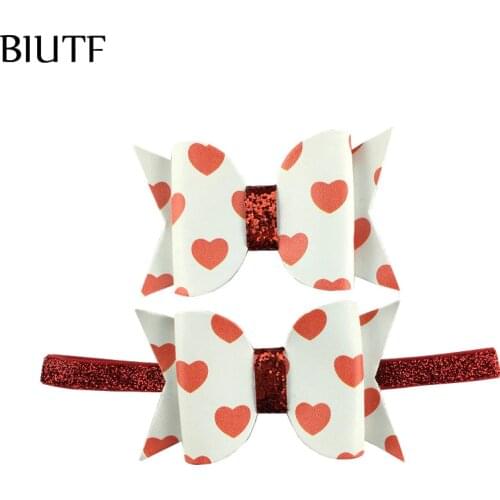 12pcs/lot 4'' PU Leather Hear Printed Hair Bow with Clip /Headband Chic Headwear for Valentines Day HDJ145