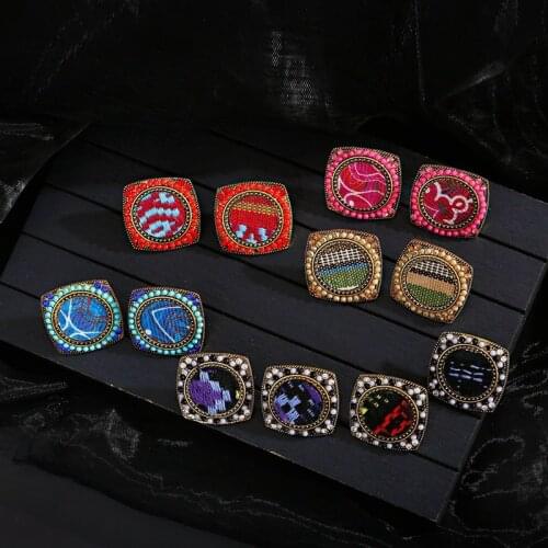 2021 Womens Retro Pink Geometry Rhombus Fabric Earrings Handmade Boho Ethnic Gold Color Beads Earrings