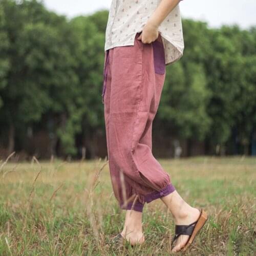 Women Spring Summer Linen Patchwork Pants Ladies Vintage Flax Trousers Female 2021 Retro Pants