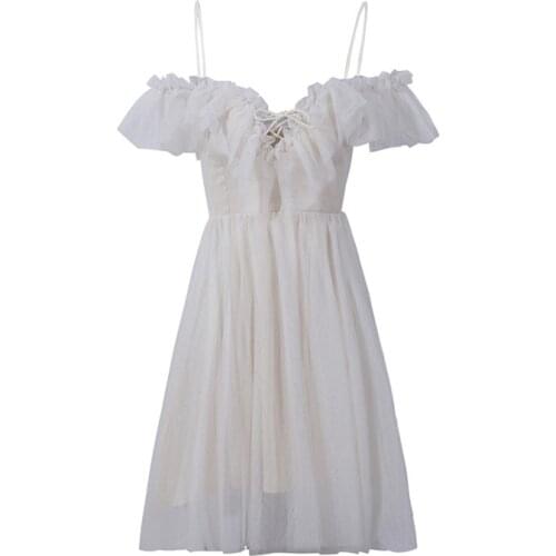 C1840 2020 new spring feminine mesh yarn dress women fashion sexy V-neck slim vintage fairy strap dress cheap wholesale