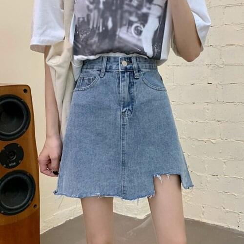 Knee-Length Denim Skirt New Women High-waist Asymmetry Skirt Thin Short Summer Female Bag Hip Skirt