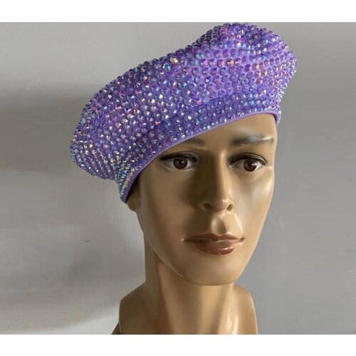Fashion full rhinestone Blue yellow red beret hat Bar nightclub DJ DS GOGO dance accessories stage Catwalk drag queen wear women