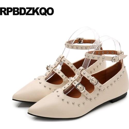 Italian china pointed toe chinese flats rivet women dress shoes pointy metal ladies party ankle strap 2019 beautiful nude stud