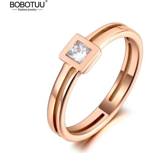 BOBOTUU Titanium Stainless Steel Sparkling Square CZ Crystal Rings Jewelry Simple Rose Gold Ring For Women Girls BR20020