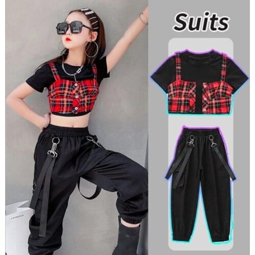 Girls Clothes Set Teen Summer Fashion Red Plaid Patchwork Crop Top+Cargo Pants Chain Three Pieces Streetwear Teenage Clothes
