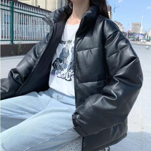 2020 fashion Black PU Leather Short Warm Puffer Bubble CoatOversized Jacket Winter Faux Leather Womens Parka MY43