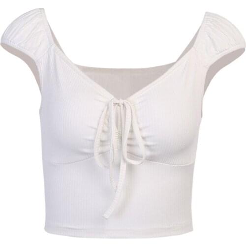 Summer Lady V-neck Lace Up Chest Short Sleeved Slim T-shirt Female Solid Sweet Style Pleated Women top Strappy Sexy Crop Tops