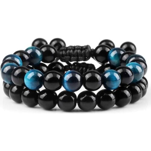 2pcs Men Bracelets Natural Black Onyx Multicolor Tiger Eye Stone Beads Handmade Braided Bracelet for Women Couples Yoga Jewelry