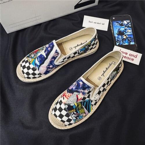 New Check Print Loafers Men Casual Slip-on Mens Canvas Flat Shoes Japanese Harajuku Shoes Anime Loafers for Men Chaussure Homme