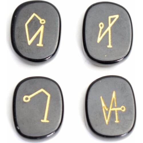 Set of 4 Small Size Natural Black Agate Healing Crystal Palm Stones Engraved Archangel Symbols with a Free Pouch