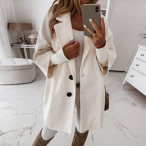 Fashion Women Plush Long Coat Single-breasted Design Turn-down Collar Three Quarters Sleeve Solid Casual Loose Cardigan Coat