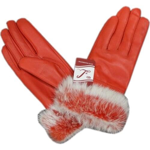 2019 Winter Rabbit Fur Genuine Leather Gloves Women Feminino Real Sheepskin Finger Black/Brown Motorcycl Mittens Guantes Mujer