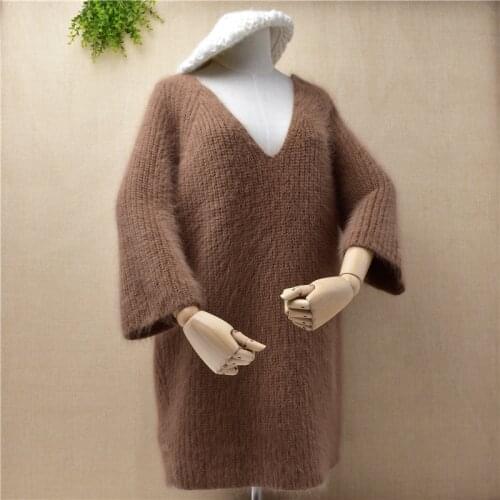 Casual fashion female winter medium long hairy mink cashmere v-neck long loose flare sleeves angora fur pullover sweater coat
